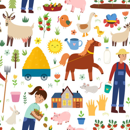 Farm seamless pattern with cute animals. Countryside backgroundのイラスト素材
