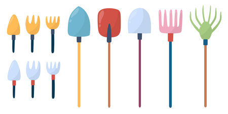 Gardening tools set in cartoon style with rake, shovel and other isolated elementsのイラスト素材