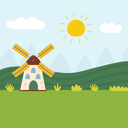 Farm landscape with a mill and green meadow. Farmhouse on the field backgroundのイラスト素材