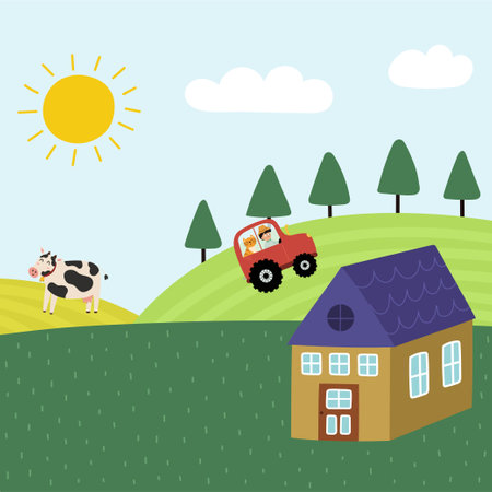Green meadow landscape with a farmhouse and fields in cartoon styleのイラスト素材
