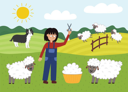 On the farm poster with cute animals. Girl shearing sheep and making wool on a green meadowのイラスト素材