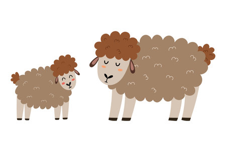 Mother sheep with her baby lamb. Cute mom and her child animal charactersのイラスト素材