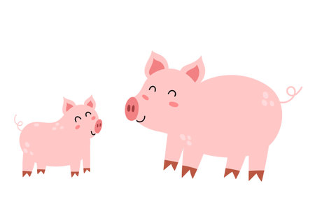 Mother pig with her baby piglet. Cute farm animal characters mom and her childのイラスト素材