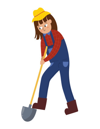 Girl digging with a shovel in cartoon style. Cute farming girl isolated elementのイラスト素材