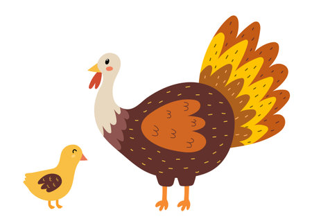 Mother turkey with her baby poult. Cute farm animal characters mom and childのイラスト素材