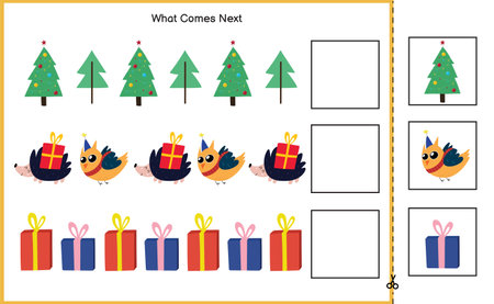 What Comes Next Christmas puzzle game. Cut and glue activity page for kidsのイラスト素材