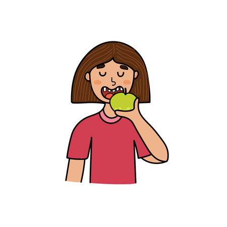 Cute girl eating apple. Cute kid biting a fruit print in cartoon styleのイラスト素材