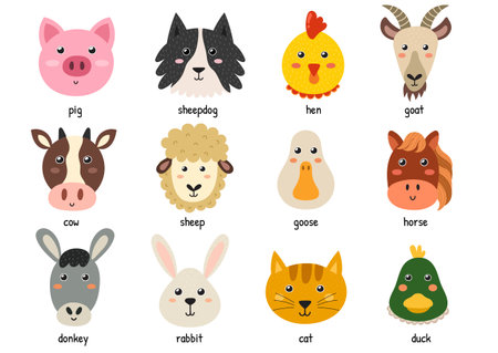 Cute farm animal faces for baby and children design. Funny heads of farm charactersのイラスト素材