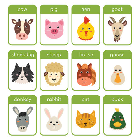 Farm animals flashcards set. Educational flash card with cute farm charactersのイラスト素材