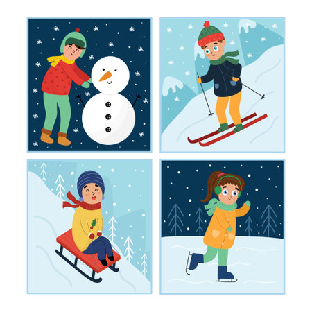Winter activities set with cute kids making snowman, skiing, sliding on a sled and ice skatingのイラスト素材