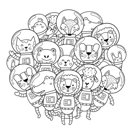 Space animals circle shape pattern for coloring book. Cute animals astronautsのイラスト素材