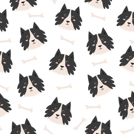 Cute dog faces seamless pattern. Background in cartoon style with funny Collie characterのイラスト素材