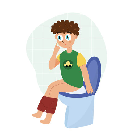 Cute little kid sitting on the toilet. Boy pooping in cartoon styleのイラスト素材