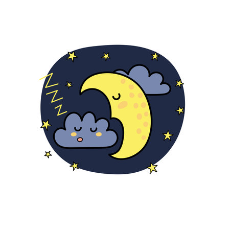 Good Night print with cute moon and clouds. Sleeping sweet dreams charactersのイラスト素材