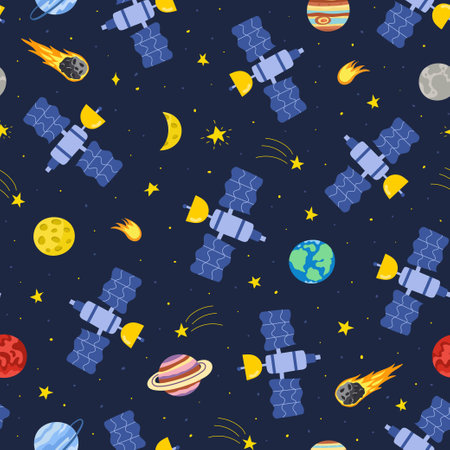 Satellite flying in space seamless pattern. Cosmic backgroundのイラスト素材