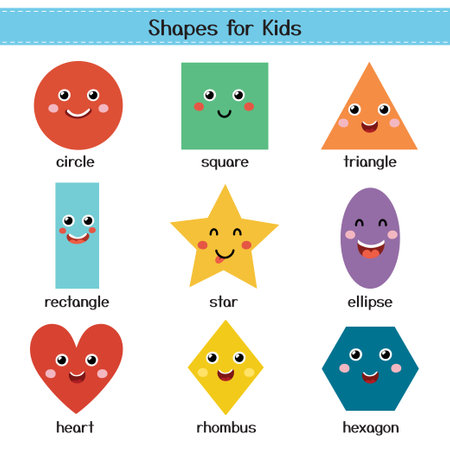 Cute shapes for kids poster. Learning basic geometric shapes with characters for preschoolのイラスト素材