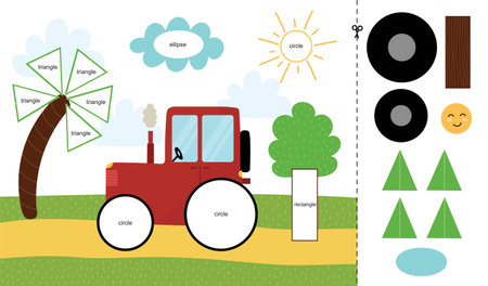 Matching game for kids. Learning geometric shapes activity page for preschoolのイラスト素材