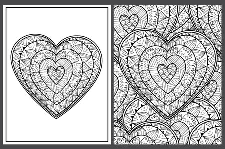 Heart mandala coloring pages set in US Letter format. Black and white love patternsのイラスト素材