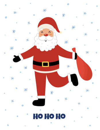 Ho ho ho greeting card with a cute Santa Claus carrying Christmas sackのイラスト素材