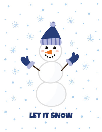 Let It Snow greeting card with a cute snowman. Winter printのイラスト素材