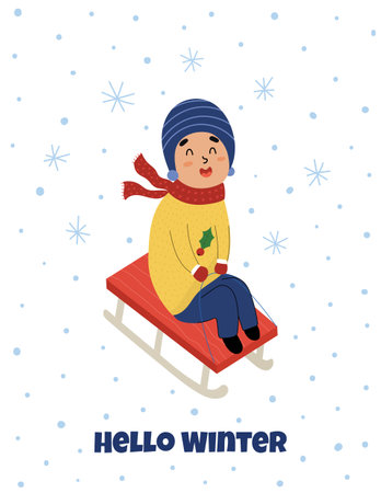 Hello Winter greeting card with a cute boy sleddingのイラスト素材