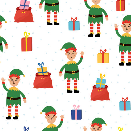 Cute happy elf and Christmas presents seamless patternのイラスト素材