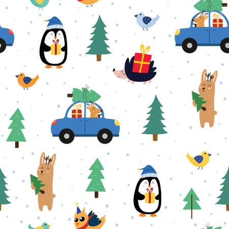 Cute animals preparing for the Christmas seamless patternのイラスト素材