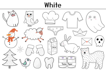 White color objects set. Learning colors for kids. Cute elements collectionのイラスト素材