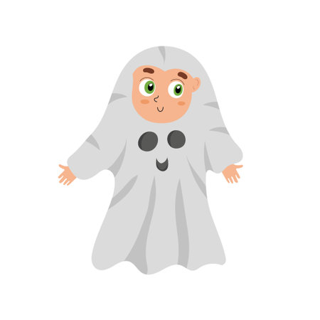 Cute Halloween kid wearing ghost costume. Funny trick or treat boy or girlのイラスト素材