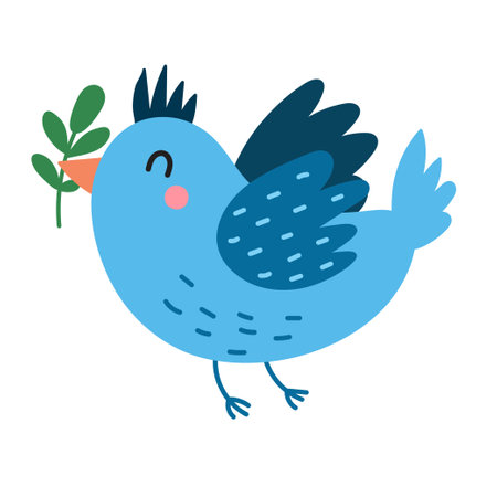Blue flying bird with a plant. Cute character in cartoon style Isolated elementのイラスト素材