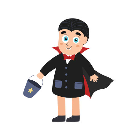 Cute Halloween kid wearing vampire costume. Funny trick or treat Dracula boyのイラスト素材