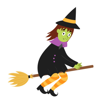 Cute witch flying on a broom. Halloween character in the air isolated elementのイラスト素材