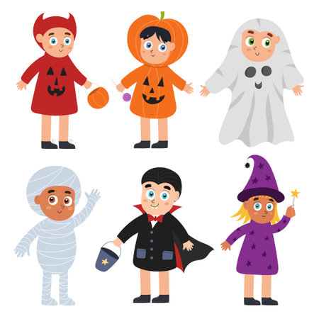 Cute Halloween kids set. Boys and girls wearing devil, witch, pumpkin, vampire and mummy costumesのイラスト素材