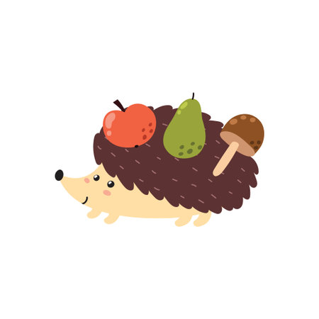 Cute hedgehog carrying fruits. Funny forest character with apple, pear and mushroomのイラスト素材