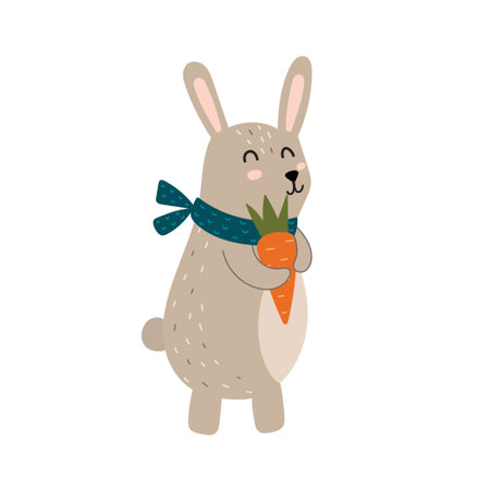 Cute rabbit with a carrot. Funny forest character in a scarf isolated elementのイラスト素材