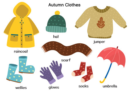 Autumn clothes set with raincoat, jumper, hat, wellies. Fall season outfit collectionのイラスト素材