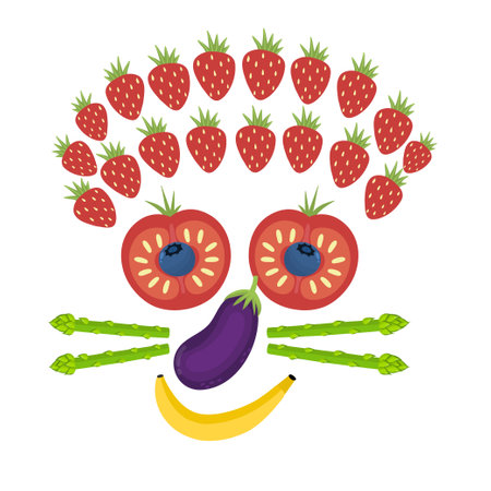 Funny smiling fruit and vegetable face. Funny food mask with tomatoes instead of eyesのイラスト素材