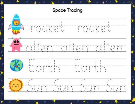 Trace words activity page for kids. Handwriting practice worksheet with funny space charactersのイラスト素材