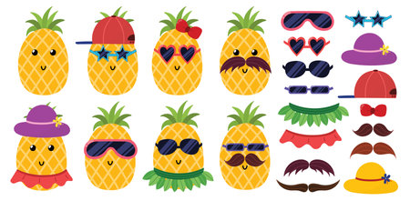 Cute pineapples set in sunglasses. Pineapple dress up activity for kids with summer accessoriesのイラスト素材
