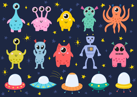 Funny space monsters set. Aliens and spaceships isolated elements collectionのイラスト素材