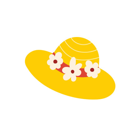 Cute yellow hat. Hand drawn hat with flowers in cartoon styleのイラスト素材