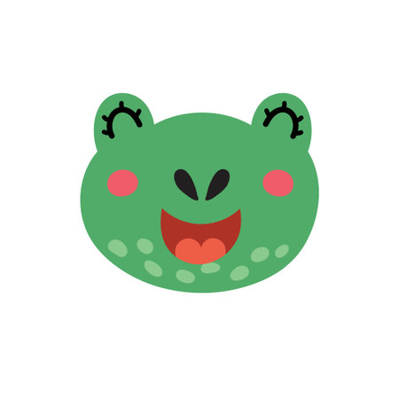 Cute frog face. Funny smiling toad character head. Hand drawn animal in cartoon styleのイラスト素材