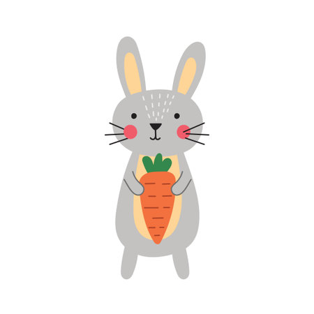 Cute rabbit holding a carrot in its paws. Sweet little bunny isolated element in cartoon styleのイラスト素材