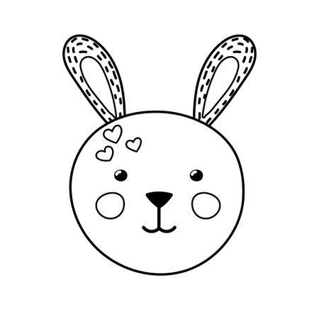 Cute rabbit face coloring page for kids. Funny bunny black and white printのイラスト素材