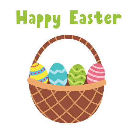 Happy Easter greeting card with a basket with eggs. Springtime cute printのイラスト素材