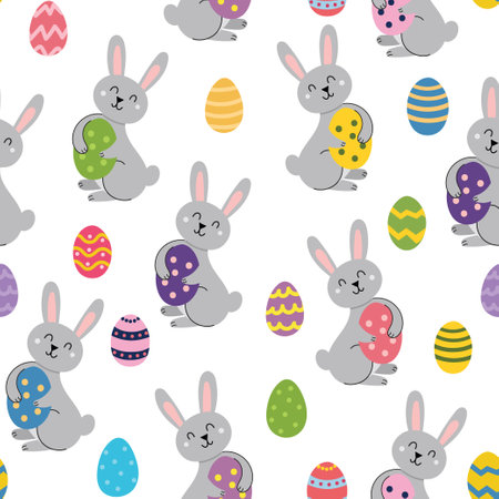 Cute Easter rabbit with egg seamless pattern. Springtime backgroundのイラスト素材