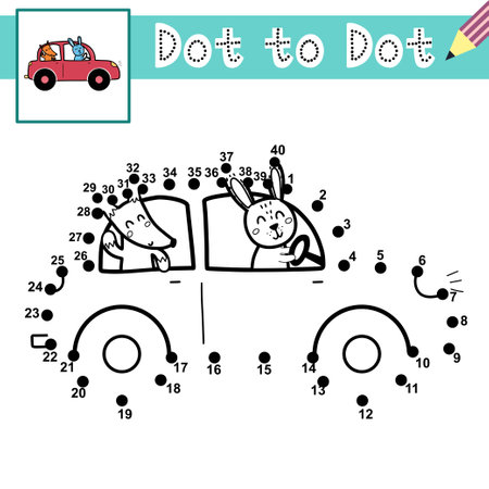 Connect the dots and draw cute rabbit and fox driving a car. Dot to dot game with funny animalsのイラスト素材