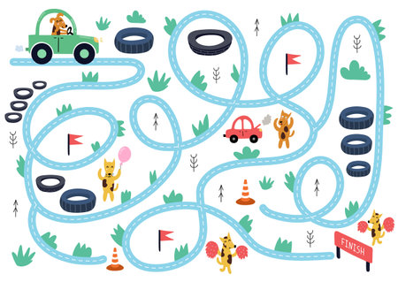 Help the cute dog drive to finish. Maze puzzle for kids. Car race activity pageのイラスト素材