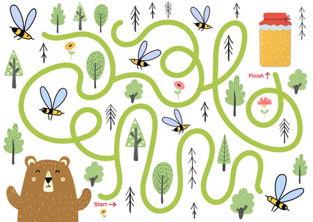 Maze puzzle for kids. Help cute bear find way to honey jar. Activity pageのイラスト素材