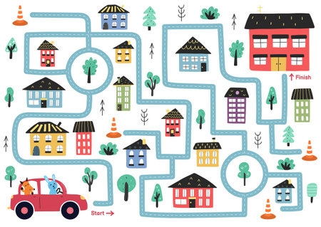 Maze puzzle for kids. Cute animals driving a car activity pageのイラスト素材